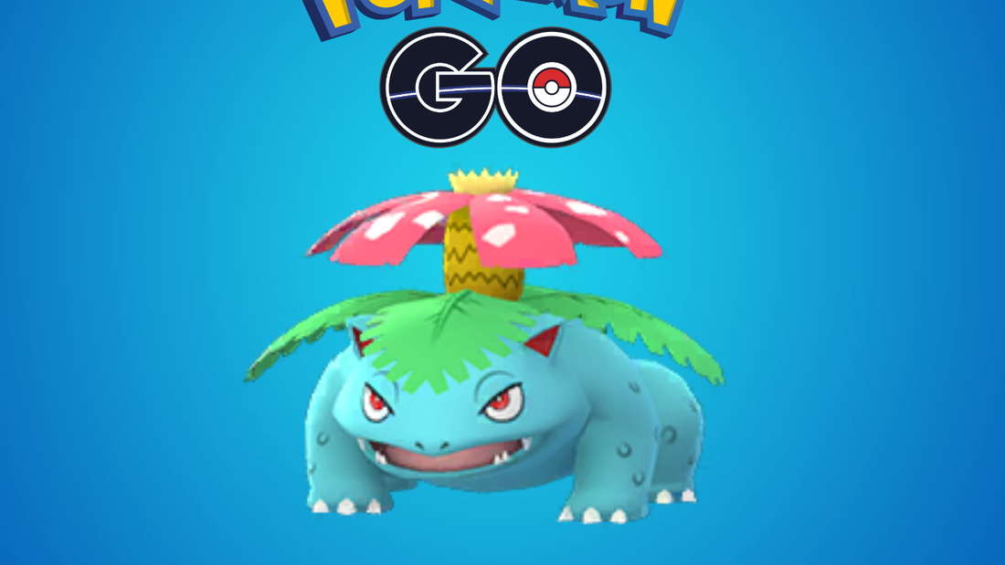 Venusaur и логотип Pokémon GO на синем фоне.