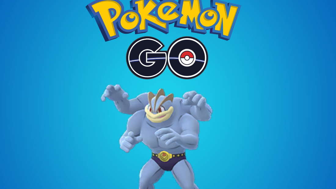 Machamp и логотип Pokémon GO на синем фоне.